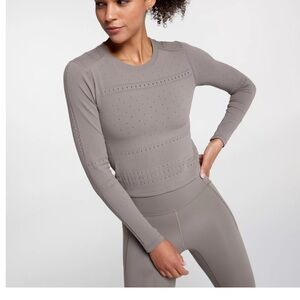 CALIA Women's Pointelle Seamless Long Sleeve T-Shirt Dark Grey Size L/XL Active